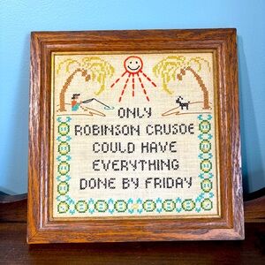 Vintage 70's Framed Cross Stitch Sampler  Robinson Crusoe “Done by Friday” Pun